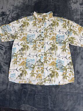 Michael Austin Mens XXL Hawaiian Button-Up Shirt Palm Tree & Map Print